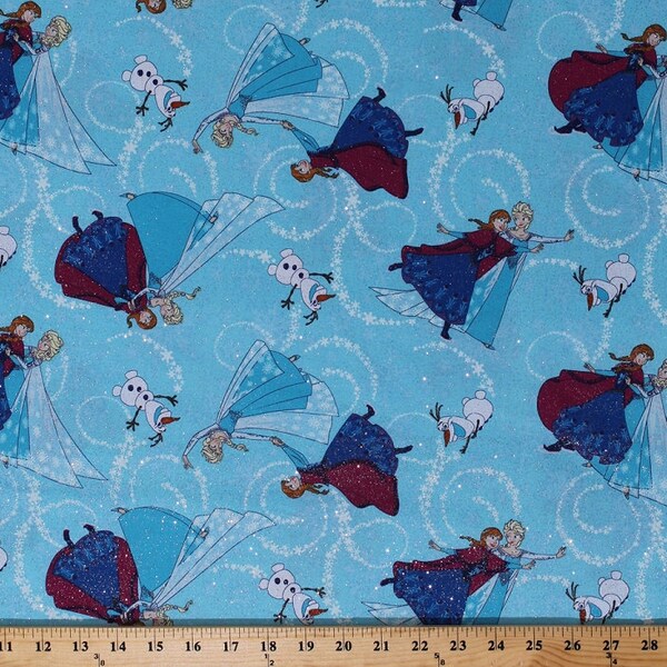 Cotton Frozen Elsa Anna Olaf Silver Glitter Sparkles Sisters Toss Blue Kids Disney Cotton Fabric Print by the Yard (53322-1600715) D585.30