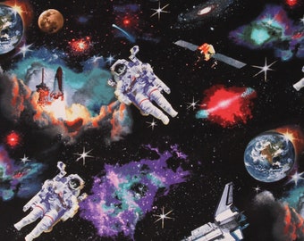 Cotton Rockets Spaceships Astronauts Moon Solar System In Space Black Cotton Fabric Print by the Yard (1298Black) D674.74