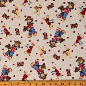 May include: A beige fabric with a repeating pattern of teddy bears wearing cowboy hats and riding toy horses. The bears are wearing red and blue plaid shirts and blue jeans. There are also small brown dogs and red stars in the pattern.