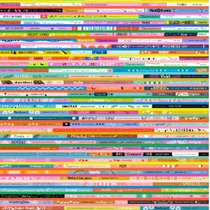 May include: A colorful, patterned design featuring numerous horizontal stripes. Each stripe is a different color and contains text, including words like "SANTA FE," "FLOWER SHOP," and "BLACK & WHITE." The overall aesthetic is vibrant and artistic.