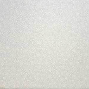 May include: White fabric with a repeating pattern of snowflakes and small dots. The snowflakes vary in size and design, creating a wintery theme. The fabric is measured in inches.