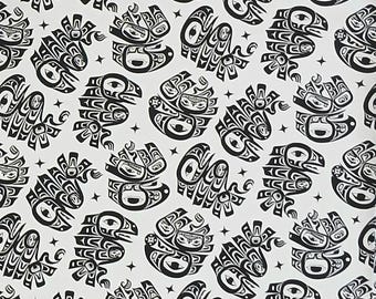 Cotton Eagle's World Native American Symbols Motifs Eagles Ravens Elizabeth Studios White Cotton Fabric Print by Yard (53005WHITE) D463.81