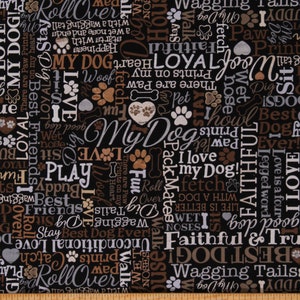 Cotton Dogs Words Attributes Animals Puppies Puppy Black Cotton Fabric Print by the Yard (DOG-C8554-BLACK) D758.45