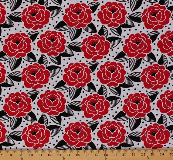 Cotton Rose Garden Graphic Roses Flowers Polka Dots On White Etsy Nederland