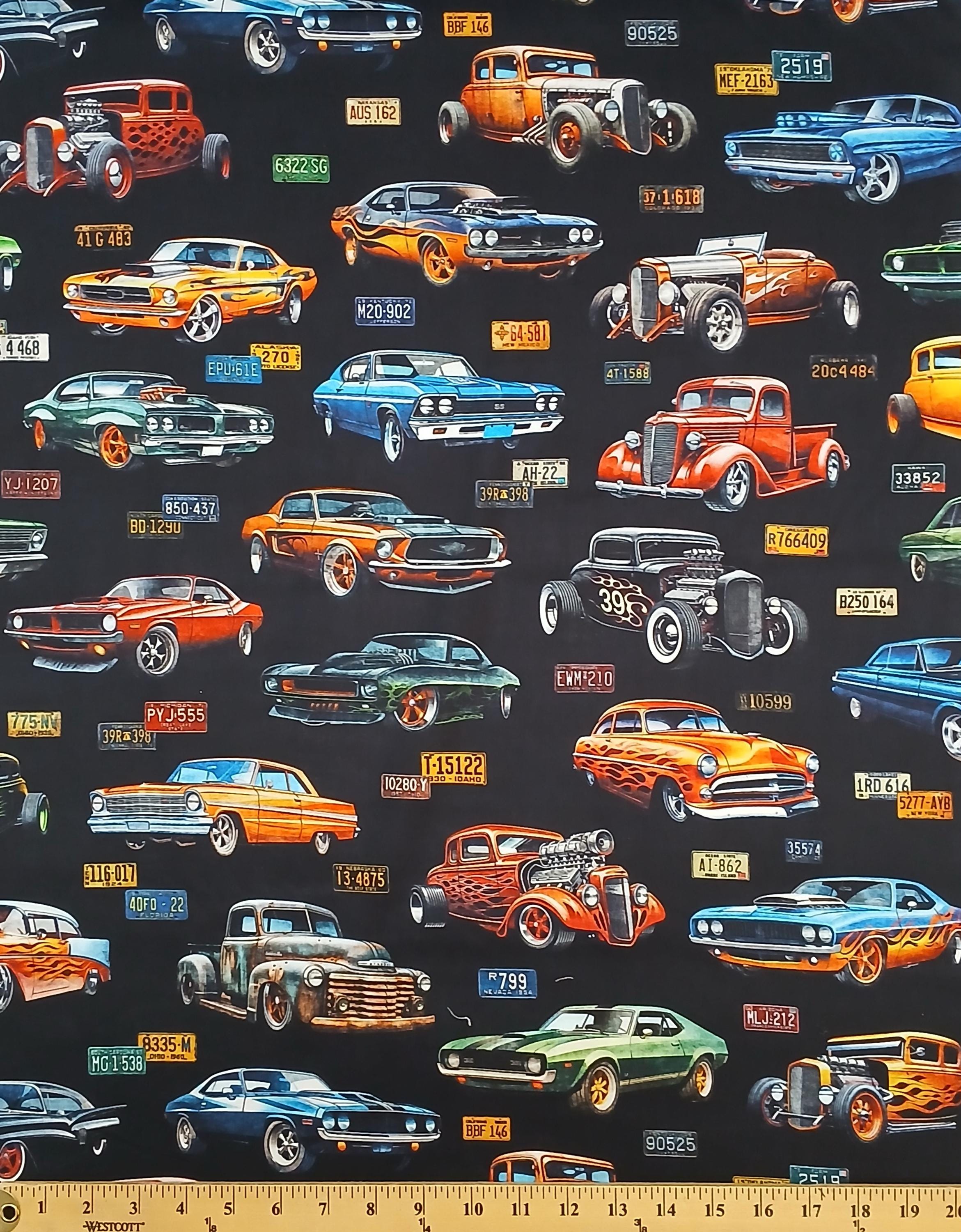 Cotton Hot Rods Vintage Cars Old Fashion License Plates Heavy Metal Quilting Treasures Cotton Fabric Print by the Yard D690.08