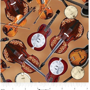 May include: A light brown fabric featuring a pattern of various country music instruments. The design includes violins, guitars, banjos, and resonator guitars in shades of brown and tan. The text "Country Music Light Brown" is at the bottom.