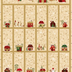 23.5" X 44" Panel Winter Houses Stars Snowflakes Christmas Star Sprinkle Advent Calendar Beige Gold Metallic Cotton Fabric Panel (D502.78)