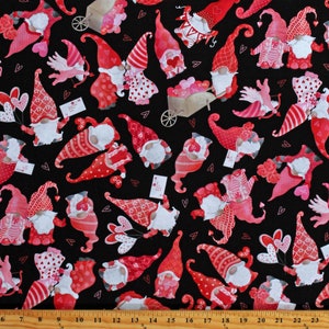 Cotton Sweet Gnomes Valentine&#39;s Day Hearts Balloons Love Letters Be My Gnomie Black Cotton Fabric Print by the Yard (14085-12) D379.71