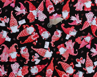 Cotton Sweet Gnomes Valentine's Day Hearts Balloons Love Letters Be My Gnomie Black Cotton Fabric Print by the Yard (14085-12) D379.71