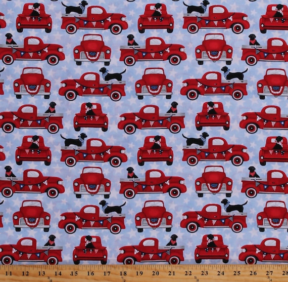 Cotton Patriotic 4th of July Dogs Trucks America Independence Day Americana Stars Travel USA Cotton Fabric Print the Yard (4999-18) D380.32