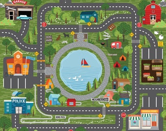36&quot; X 44&quot; Panel Canvas Play Mat Roads Streets Town Neighborhood Kids Playmat Beep Beep! Heavy Cotton Fabric Panel (Y3890-24-Olive) D685.66