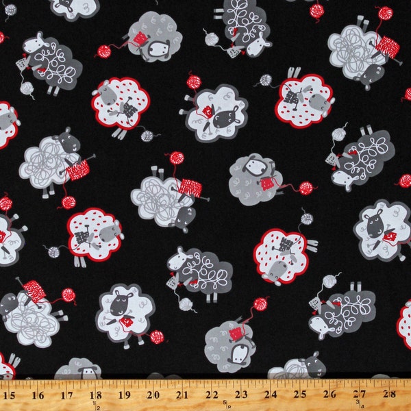Cotton Sheep Knitting Knitters Yarn Animals "Knit Together" Black Cotton Fabric Print by the Yard (CX9549-BLAC-D) D387.29