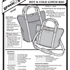 以下が含まれることがあります： 2つのCougar Springs Hot & Coldランチバッグの線画。バッグはグレーで、白いアクセントがあり、ジッパー、ハンドル、オプションのショルダーストラップが付いています。「Easy!」と「The Green Pepper Inc.」の文字も表示されています。