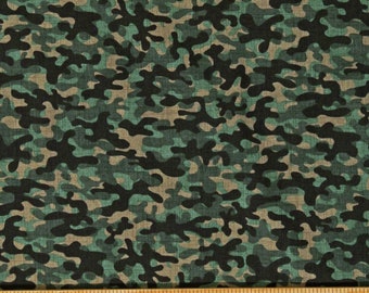 May include: Camouflage fabric with a green, black, and brown pattern. The fabric has a textured surface.