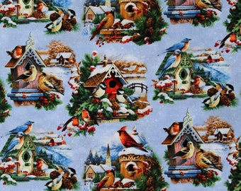 Cotton Birdhouses Bird Houses Birds Finches Cardinals Bluebirds Holiday Winter Song Blue Cotton Fabric Print by the Yard (9410SNOW) D506.73