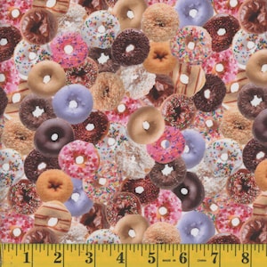 Cotton Fast Food Donuts Assorted Doughnuts Bakery Sweets Treats Multicolor Cotton Fabric Print by the Yard (126044) D571.93