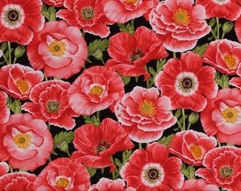 Cotton Poppies Pink Poppy Flowers Floral on Black Cotton Fabric Print by the Yard (1985-89) D754.13