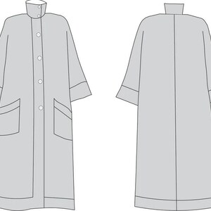 May include: A long-sleeved, light gray coat with a button-up front, two pockets, and a collar. The coat is shown from the front and back.