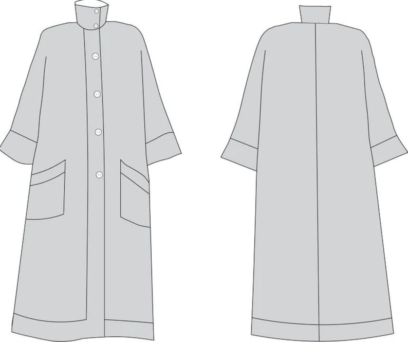 May include: A long-sleeved, light gray coat with a button-up front, two pockets, and a collar. The coat is shown from the front and back.