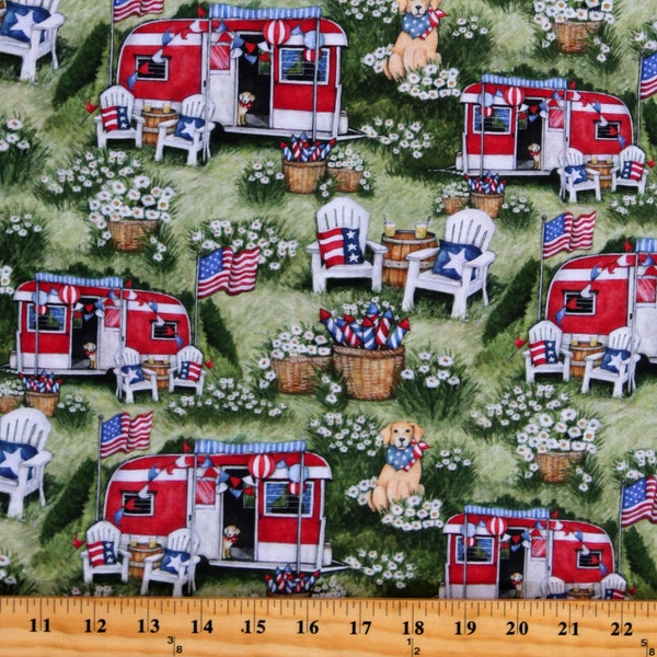 Cotton Vacation 4th Of July Independence Day RV's Camping Patriotic Green Cotton Fabric Print by the Yard (72542-A620715) D406.27