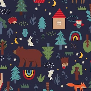May include: A whimsical pattern featuring a dark blue background with illustrations of a brown bear, a red fox, a white rabbit, and a brown house. The design includes trees, moons, stars, and a rainbow.