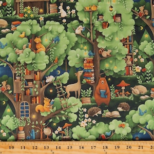 May include: A whimsical illustration of a forest scene with a treehouse filled with books. Animals like deer, squirrels, and bears are reading books in the forest. The illustration is done in a cartoon style with bright colors.