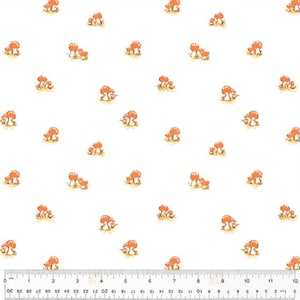 May include: White fabric with a repeating pattern of orange and yellow mushrooms. The mushrooms have a detailed illustration style, with a few mushrooms grouped together. The fabric has a ruler along the bottom edge.