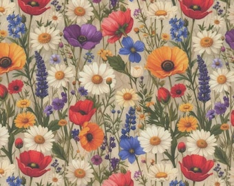 Cotton Wildflower Trail Flowers Garden Plants Nature Poppy Daisy Mook Fabrics Multicolor Cotton Fabric Print by the Yard (145356) D135.17