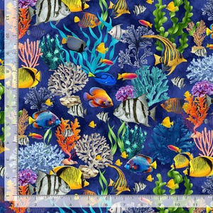 Cotton Coral Reef Life Ocean Underwater Nautical Sealife Tropical Fish Timeless Treasures Blue Cotton Fabric Print by the Yard D488.72