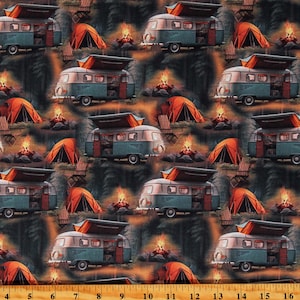 Cotton Camping Outdoors Camping Blue Van Campers Tents Campsites Fire Multicolor Cotton Fabric Print by the Yard (133532) D679.87