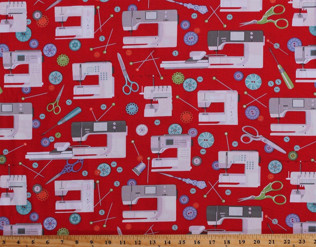 Cotton Sewing Machines Sewing Notions Supplies Seamstress Button Pins Scissors on Red Sewing