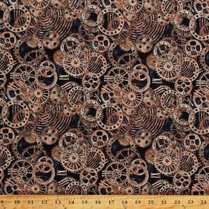 Cotton Clocks Gears Wheels Mechanical Clockwork Vintage-Look Industrial Steampunk Cotton Fabric Print by the Yard (1121-1956) D784.79