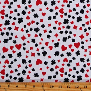 Cotton Playing Cards Suits Hearts Spades Dimonds Clubs Casino Gambling Games Activity White Cotton Fabric Print by the Yard (118374) D586.44
