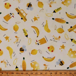 Cotton Things that are Yellow Stars Sunshine Bananas Pens Cheese Bees Yellow Cotton Fabric Print by the Yard (AXAD-22062-5-YELLOW) D788.91