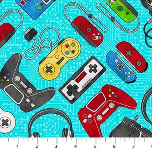 Cotton Gaming Zone Video Game Controllers Games Headphones Kids Turquoise Cotton Fabric Print by the Yard (24570-64) D672.94