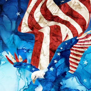 May include: A watercolor painting of an American bald eagle with outstretched wings, flying over a blue and white American flag. The eagle is painted in shades of blue and white, with red accents. The flag is painted in red, white, and blue, with a watercolor effect. The background is a blue and white watercolor wash. The text "PANEL SIZE 24" x 43" is in the top right corner of the image.