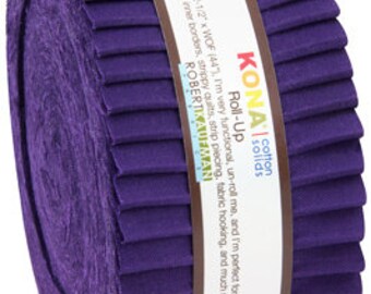 May include: A roll of purple Kona cotton fabric, labeled "Kona Cotton Solids Roll-Up". It is 2.5 inches wide and 144 inches long.
