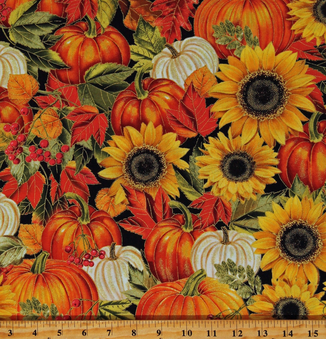 Cotton Sunflowers Fall Leaves Pumpkins Harvest Floral Metallic Gold ...