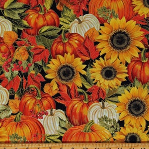 Cotton Sunflowers Fall Leaves Pumpkins Harvest Floral Metallic Gold Accents Cotton Fabric Print by the Yard (HARVEST-CM2801-AUTUMN) D514.60