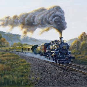 May include: A vintage steam train, painted in a realistic style, is depicted on a track. The train is black with red accents, pulling several yellow passenger cars. A large plume of smoke billows from the engine, suggesting movement through a landscape.
