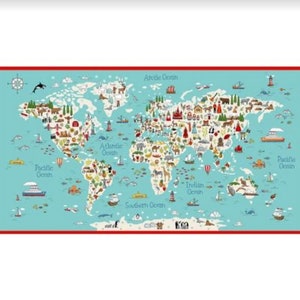 May include: A colorful world map illustration with a light blue background and a red border. The map features various illustrations of animals, landmarks, and modes of transportation. The oceans are labeled, and a compass rose is in the upper left corner.
