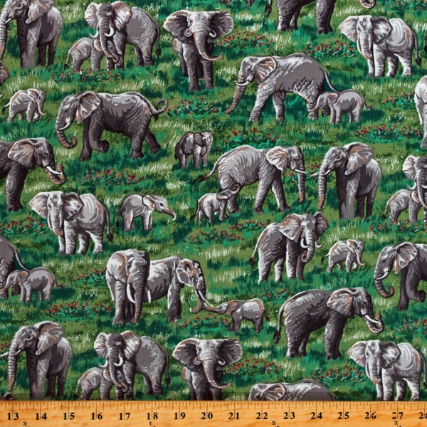 Cotton Elephants Calves Babies Baby Animals Green Cotton Fabric Print by the Yard (D683.84)
