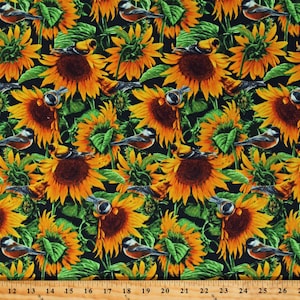 Sunflowers on Black Fabric By The Yard