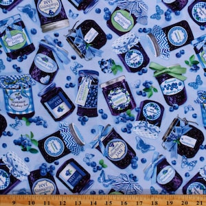 Cotton Blueberry Jam Homemade Preserves Blueberries Food Blueberry Hill Jamboree Sky Blue Cotton Fabric Print by the Yard (12640-54) D569.72