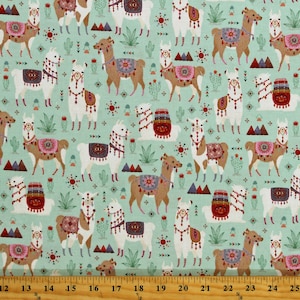 Cotton Llamas Animals Cactus Cacti Southwestern Alpacas Llama Fiesta Mint Green Cotton Fabric Print by the Yard (DC10181-CLOU-D) D588.66