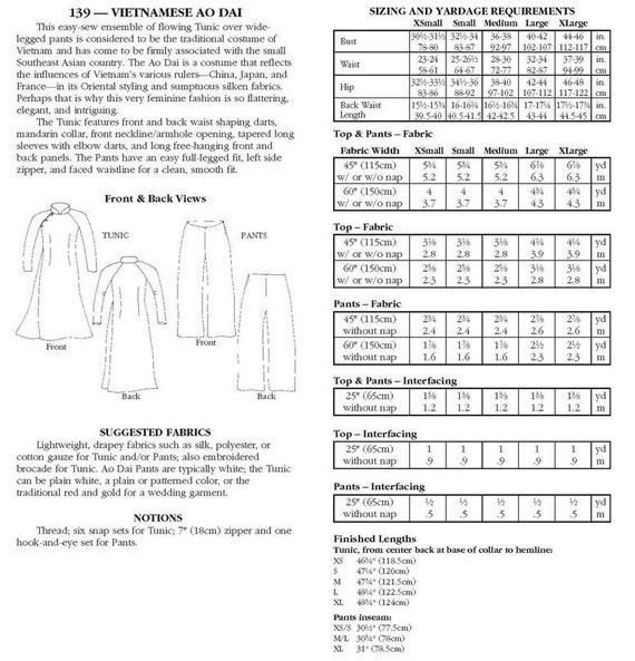 Folkwear Vietnamese Ao Dai #139 Tunic Dress Pants Vietnam Sewing Pattern  (Pattern Only) folkwear139