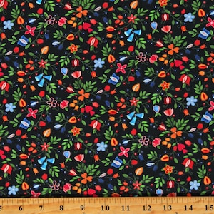 Cotton Shawl Dancers Flowers Floral Black Cotton Fabric Print by the Yard (32002BLACK) D143.27