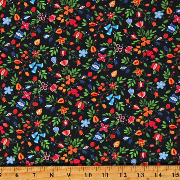 Cotton Shawl Dancers Flowers Floral Black Cotton Fabric Print by the Yard (32002BLACK) D143.27