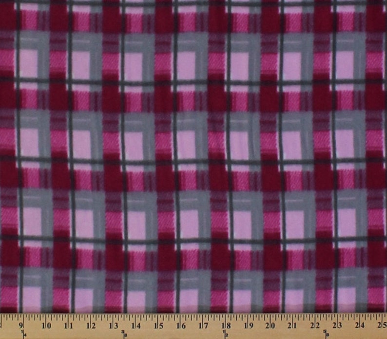 Fleece Plaid Pink Grey Gray Fleece Fabric Print by the Yard o1001-plaid-pink-greys A511.14