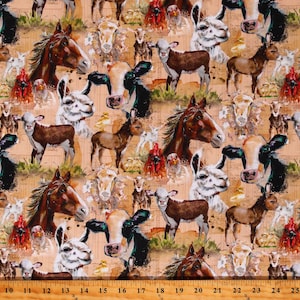Cotton Farm Life Farm Animals Horses Cows Chickens Sheep Light Rust Cotton Fabric Print by the Yard (Y3939-70-LIGHTRUST) D370.82